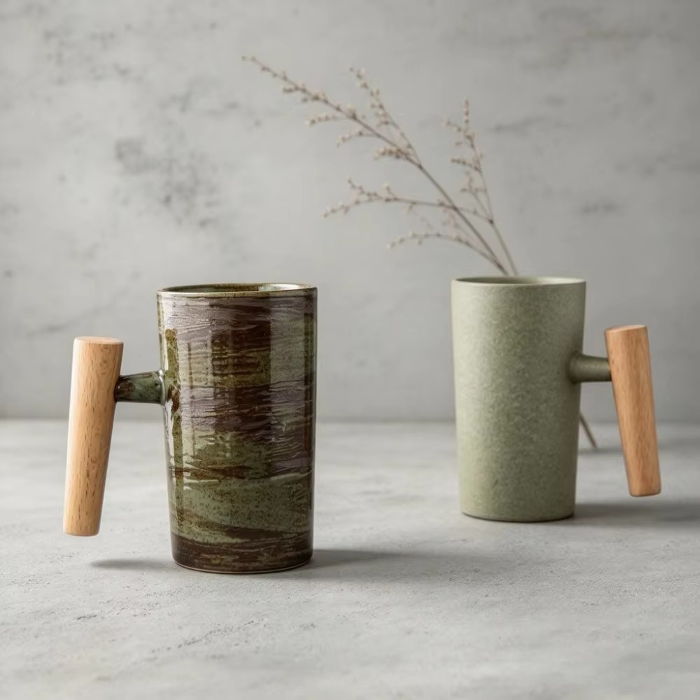 Japanese Pottery - 일본풍 디자인의 도자기 커피 머그, 나무